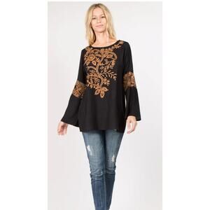 Vintage A & A Black Tunic with Tan Floral Embroidery/Lace Sz L